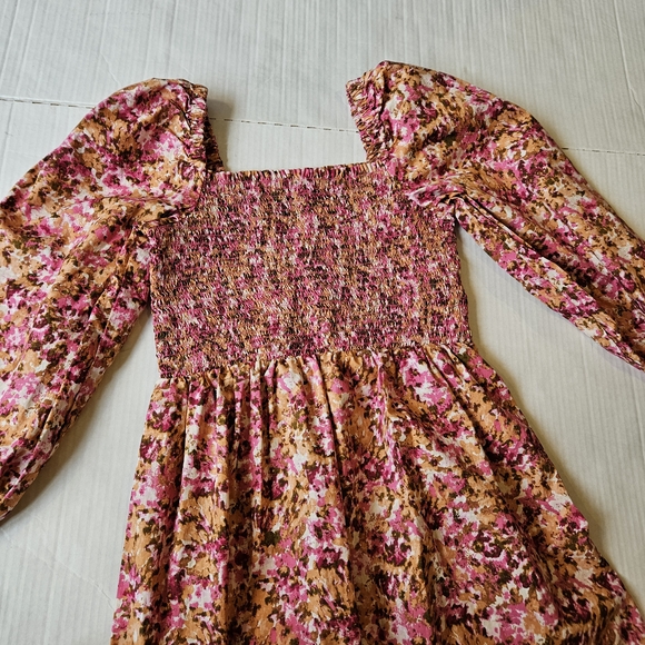 J Crew smocked puff sleeve midi faded floral dress pink brown, S - Picture 7 of 16
